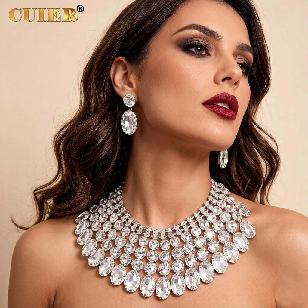 

CUIER Evening gown set for a banquet featuring multi-layered luxurious jewelry with sparkling rhinestones elegant necklace