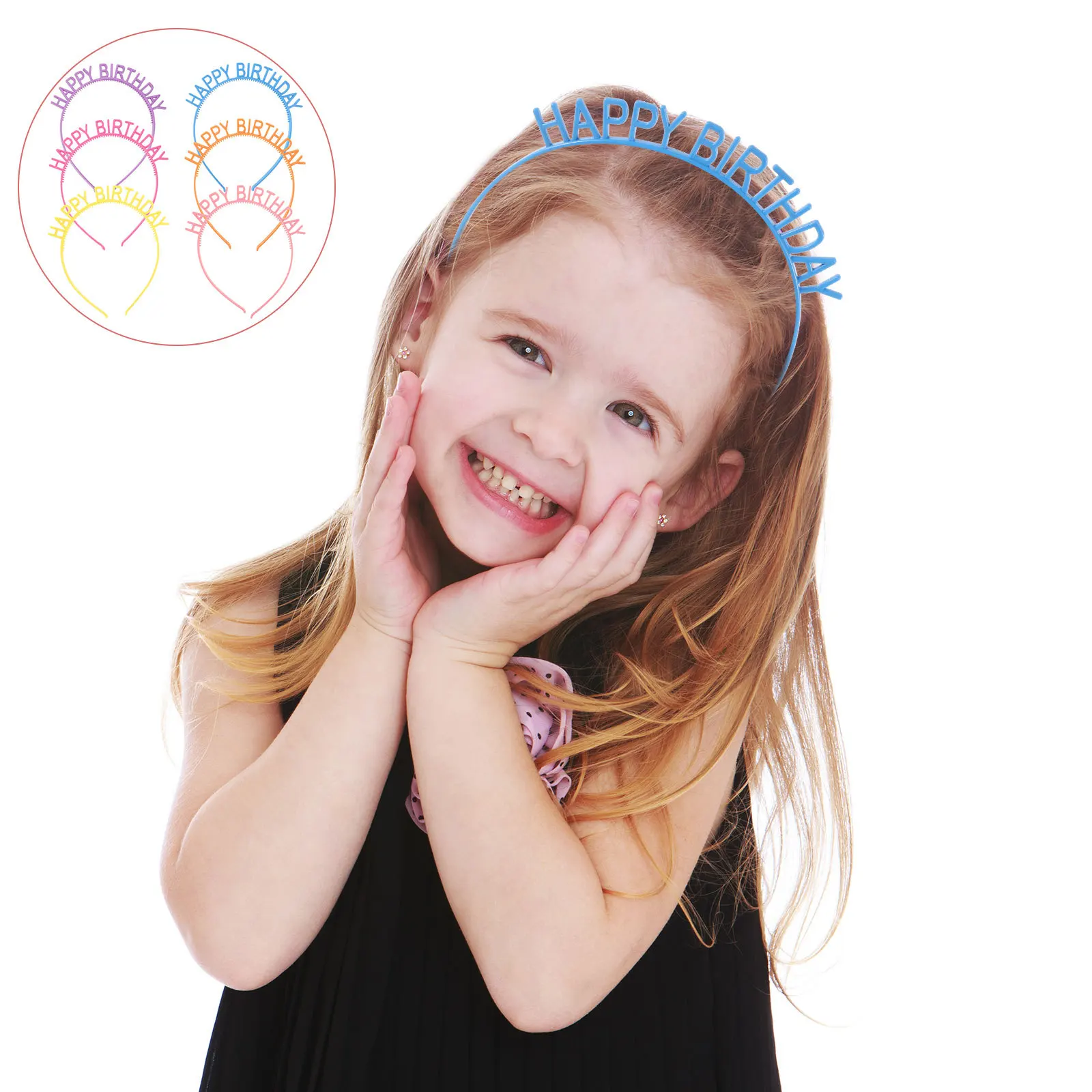 

6Pcs Birthday Headband Plastic Material Comfortable for Children Girls Party Photo Props Yellow Purple Blue Pink Orange Rose Red