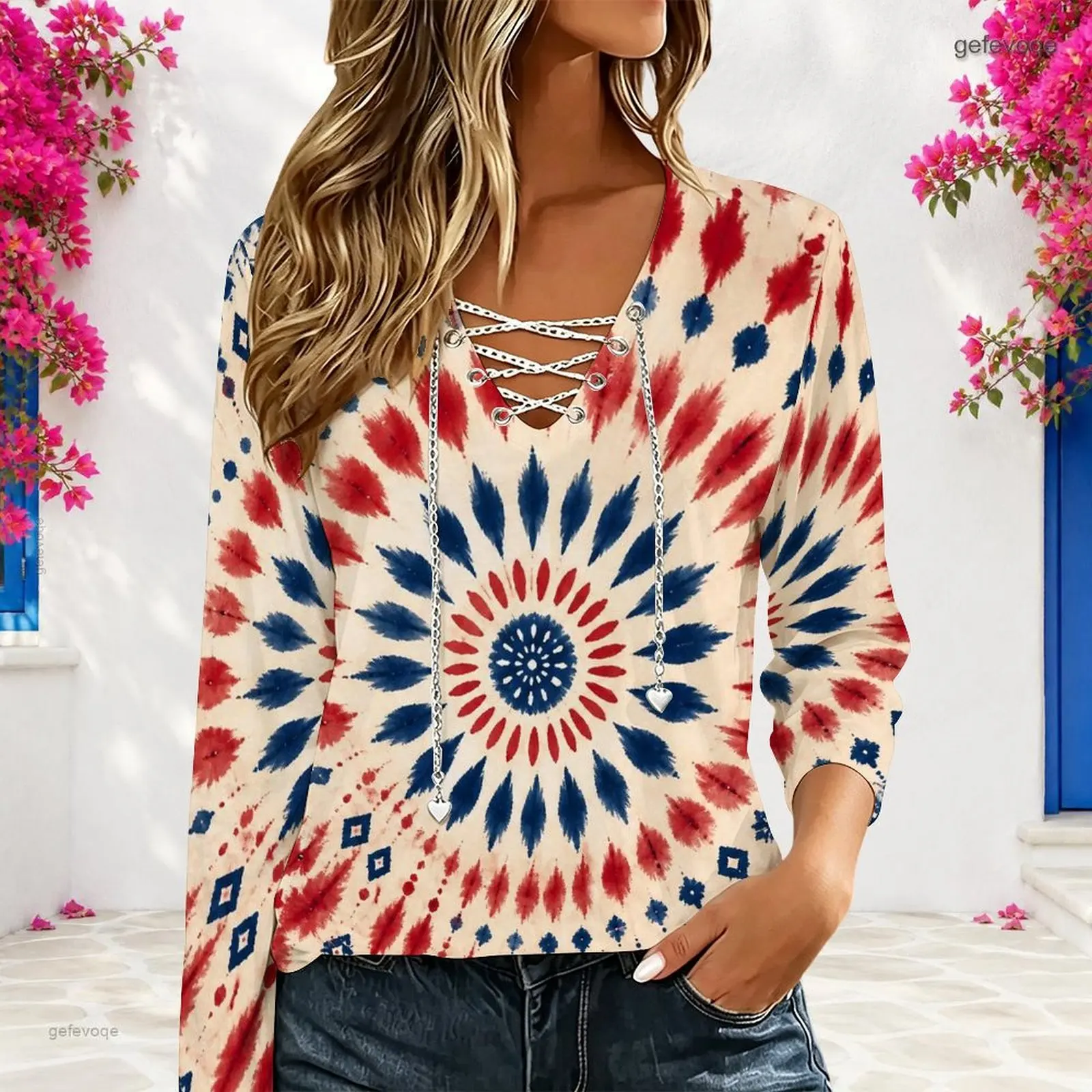 Women Navy Blue Starry Glitter Spot Printed V Neck Long Sleeve Top with Chain Lace Up Detail - view 3