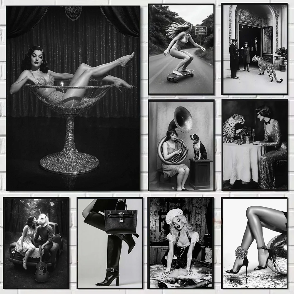Burlesque Art Retro Glamour Pinup Girl Vintage Aesthetic Inspired Cabaret Style Luxury Decoration Black and White Picture