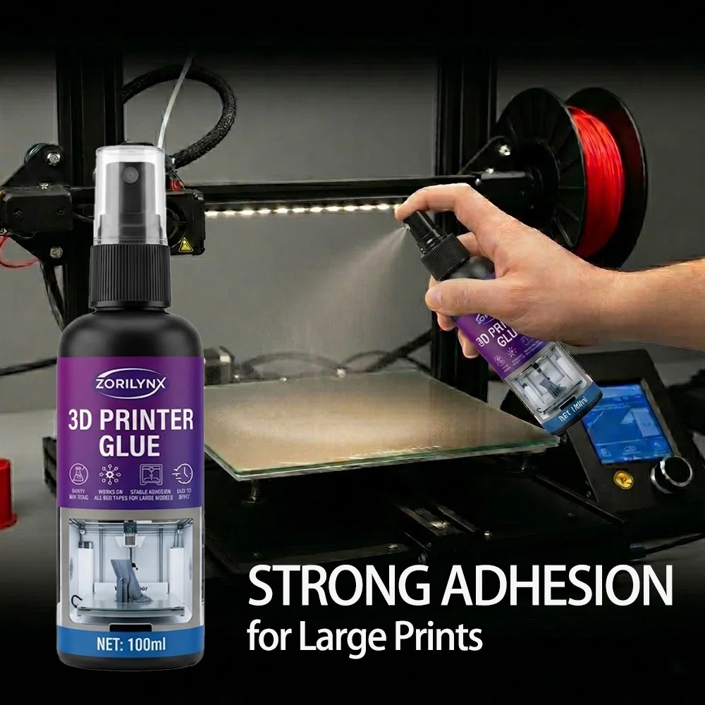 100ML 3D Printer Glue Spray Bed Adhesion for Large Models Stable Build Plate Adhesive for Glass PEI Heated Bed ZORILYNX Spray