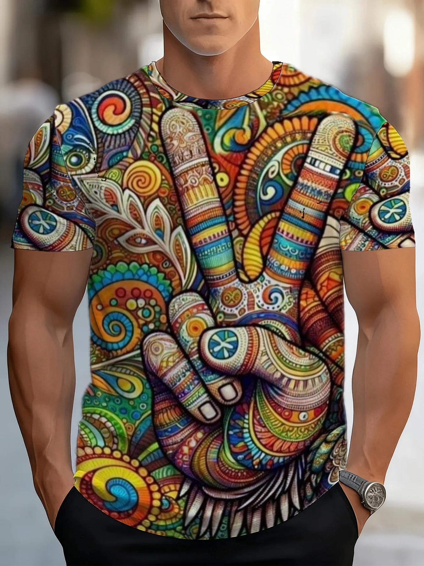 Men's Crew Neck Short Sleeve T Shirt 3D Colorful Paisley Peace Sign Hand Psychedelic Print Hippie Casual Tops