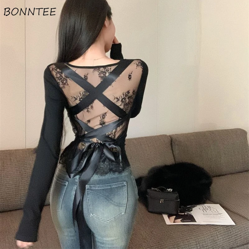 Chic Patchwork Lace-up Sexy Long Sleeve T-shirts Women Fashion Low Cut Hot Elegant Spliced All-match Tops Ladies Popular Ins New