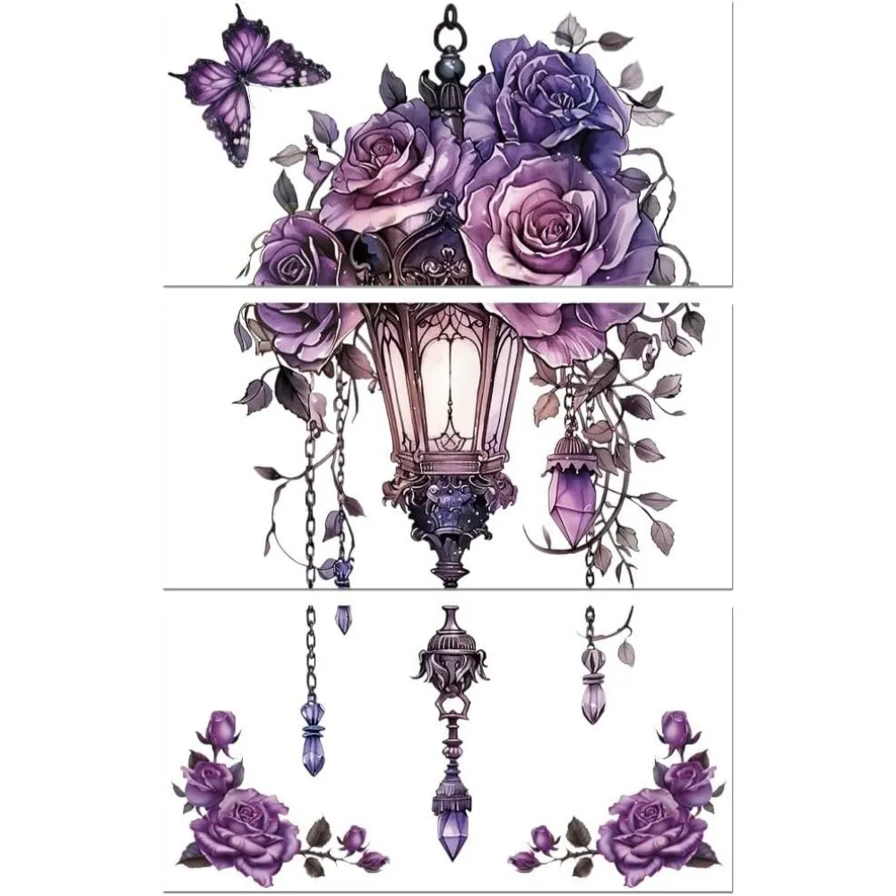 Aufkleber zum Aufreiben für Möbel, Bastelarbeiten, Dekoration, 15,2 x 30,5 cm, lila Straßenlaterne und Rosen, 3 Stück, wasserfest, UV-DTF-Transfer