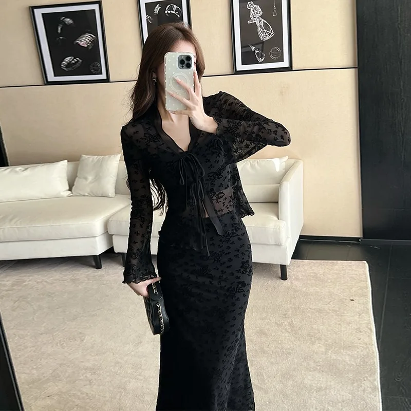 Ele dentelle brûlée fleur haut ensemble femmes printemps été automne nouveau Sle transparent ceinturé Dr beau Ba Faionable...