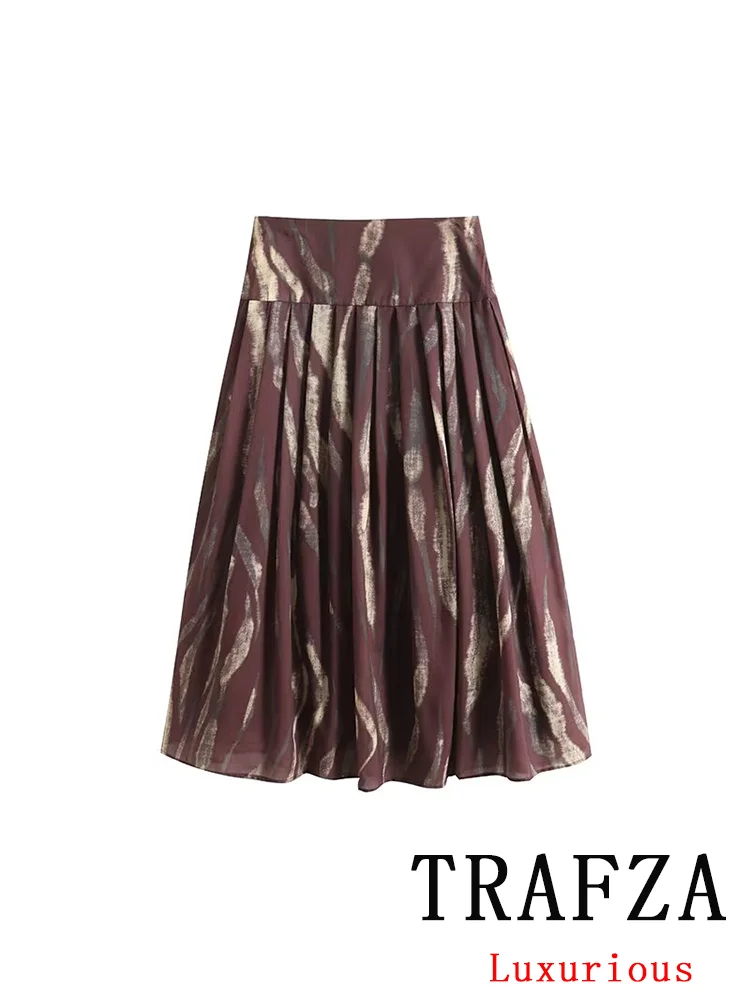 TRAFZA Vintage Casual Chic Women Skirt Print Tie Dye Print Pleated Side Zip Long Skirt Fashion 2025 Spring Summer Elegant Skirts