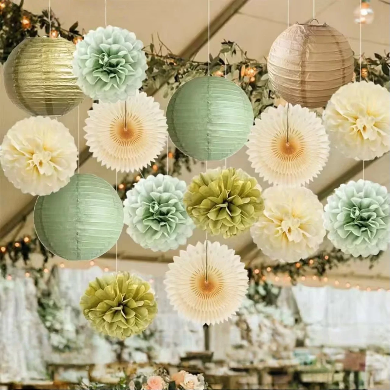 

Sage Green Cream Peach Tissue Paper Party Decoration Set, Paper Lanterns for Christmas, Birthday, Wedding, Baby Shower & Holiday