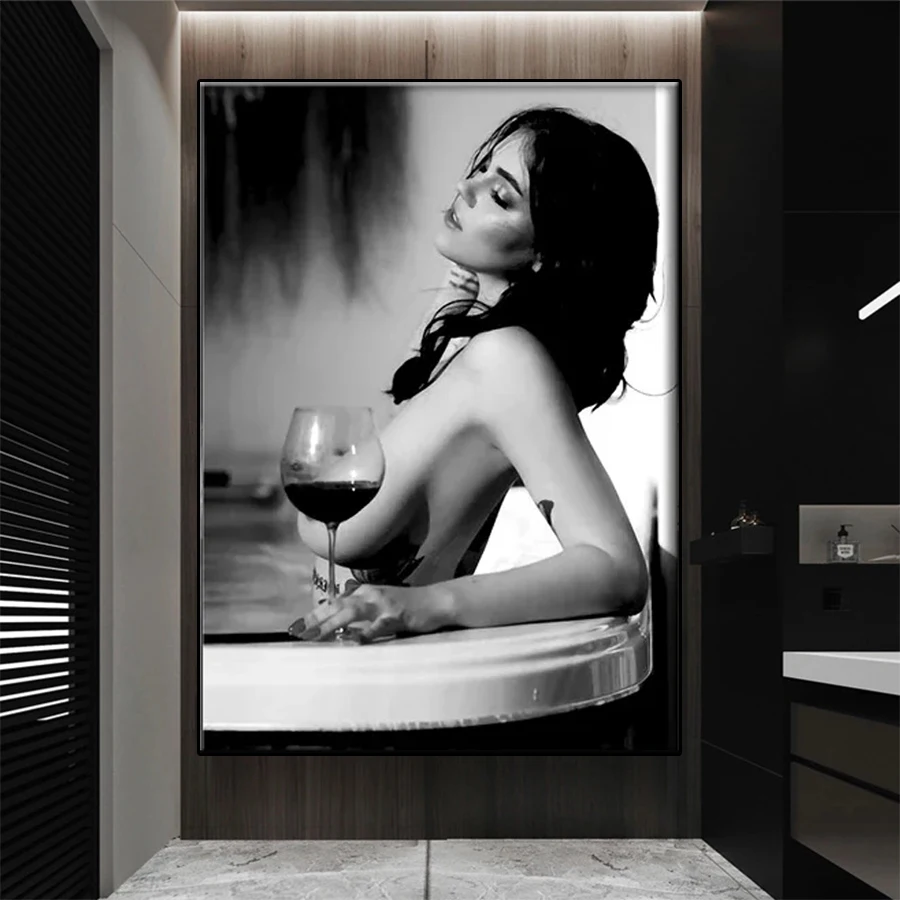 5D DIY Diamond Embroidery Picture Modern Black And White Art Sexy Women Bathing Red Wine Diamond Painting Mosaic Wall Art