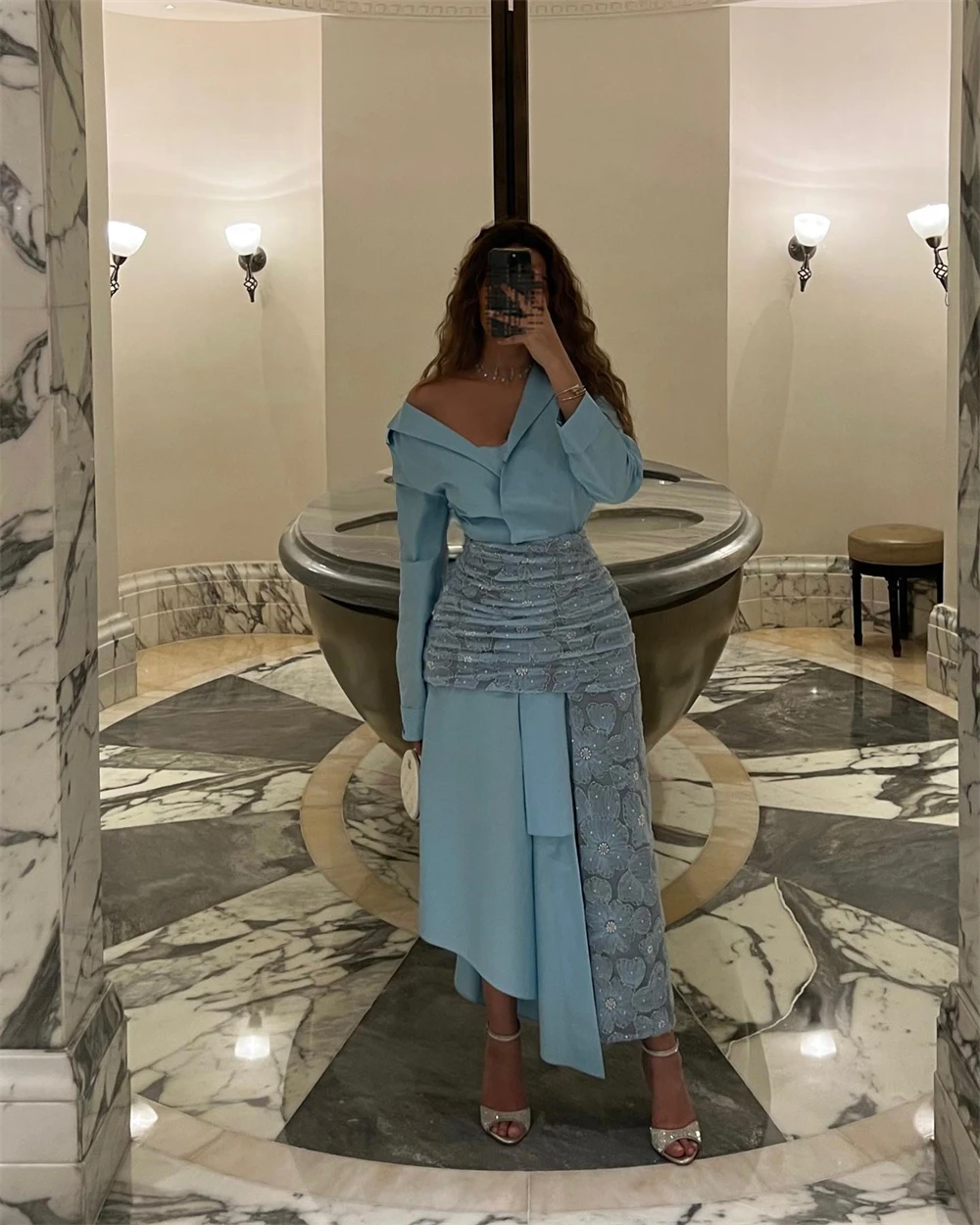 Customized Exquisite Fashion V Neck Sheath Flower Ankle Length Off the Shoulder Long Party Dress Formal Evening Gowns