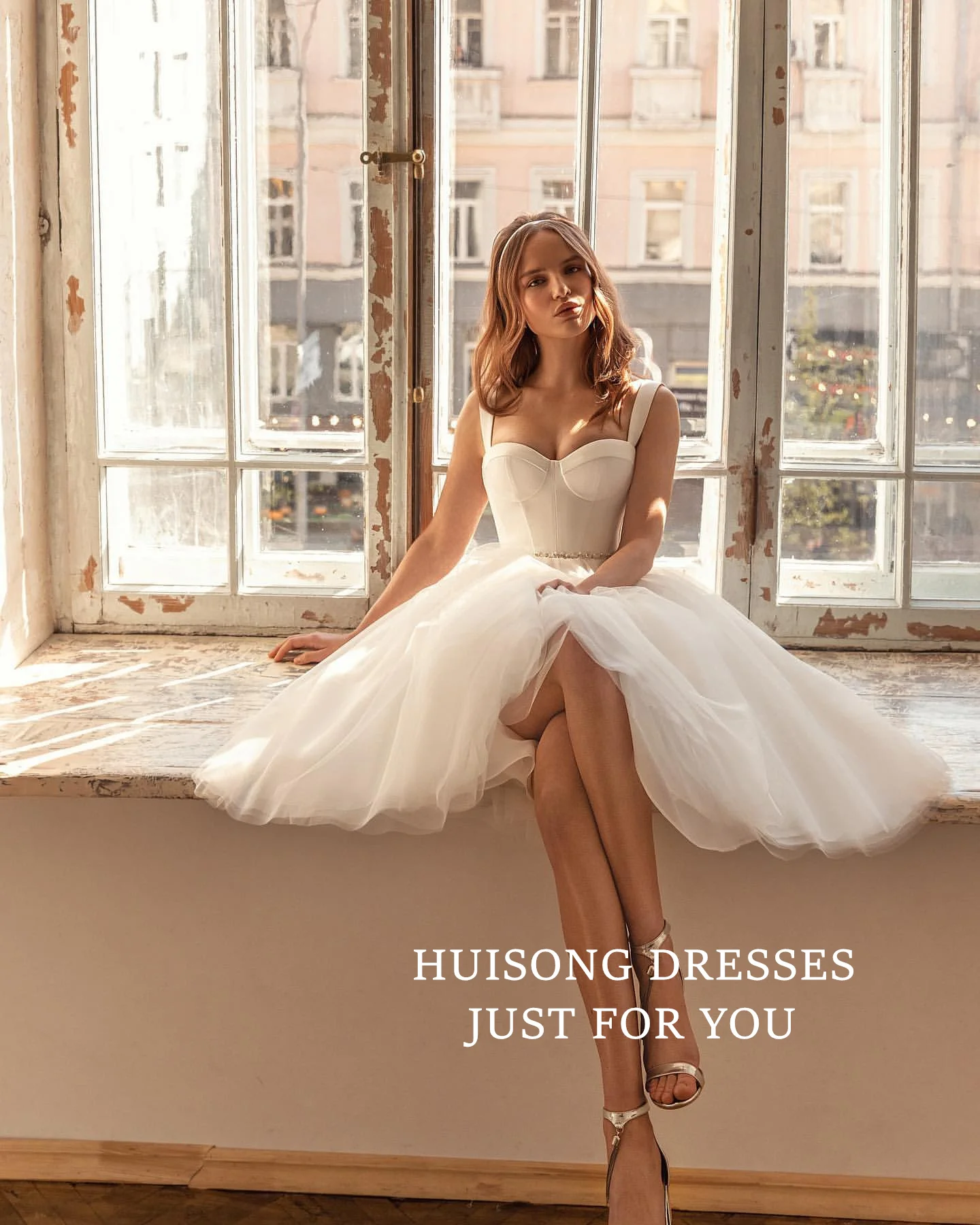 

HUISONG Customized Midi Wedding Dresses Sweetheart Sleeveless Spaghetti Straps A-Line Tea-Length Beach Bridal Gown vestidos de