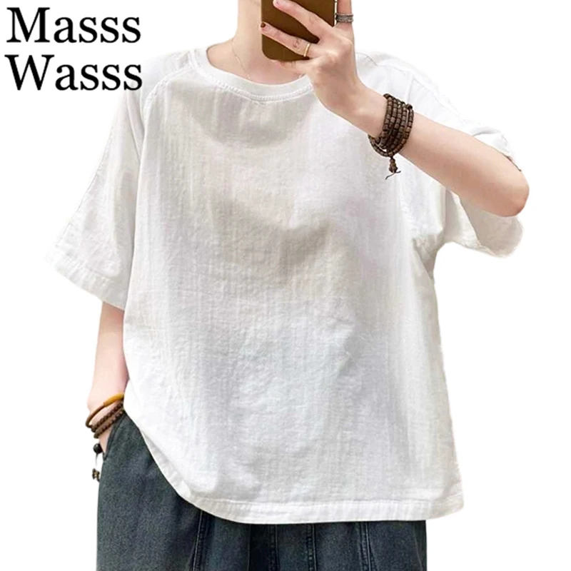 Masss Wasss British Vintage Leisure Tee Shirts Females Summer Classic Soild Clothes Womens 2026 Fashion Loose Cotton Linen Tops