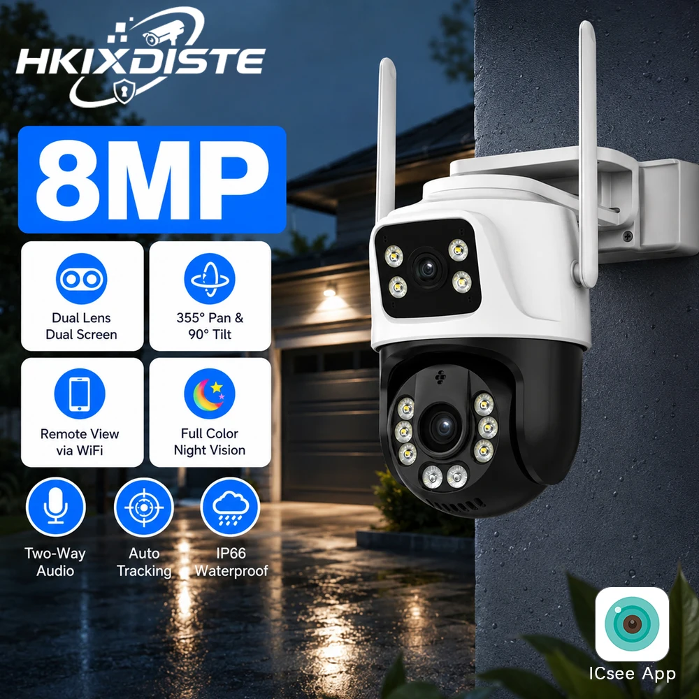 Wireless Outdoor Security Camera 8MP Dual Lens Dual Screen PTZ WiFi Remote View Two Way Audio Auto Tracking ICsee IP66 Camera