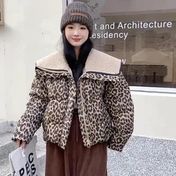 Short Puffer Coats Leopard Down Jackets 2024 New Korean Fashion Outerwear Thick Warm Parka Luxury Lamb Wool Collar Coats Down