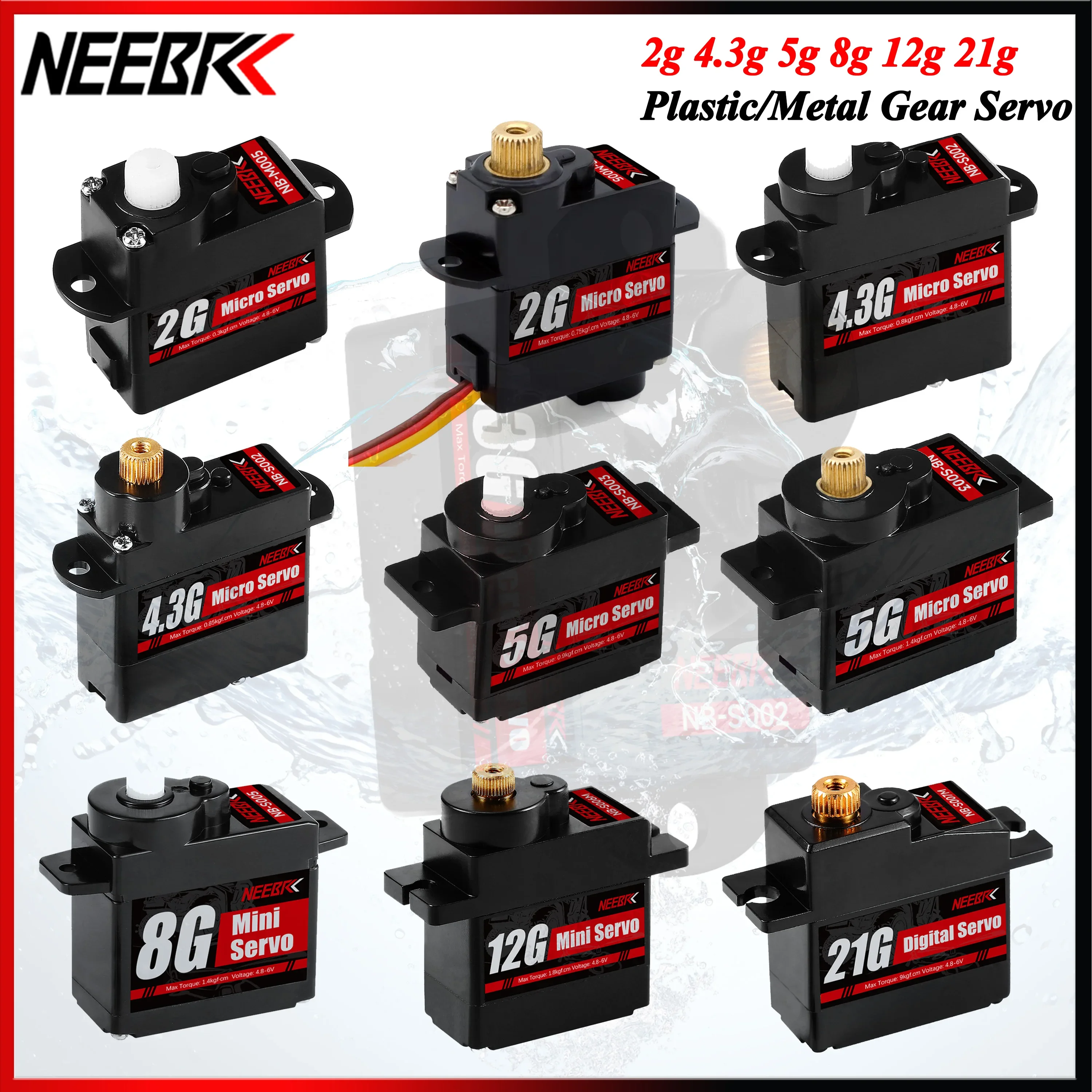NEEBRC 2g 4.3g 5g 8g 12g 21g Waterproof Metal/Plastic Gear Mini Micro Servo for RC Car Plane Helicopter Dron Glider Wltoys