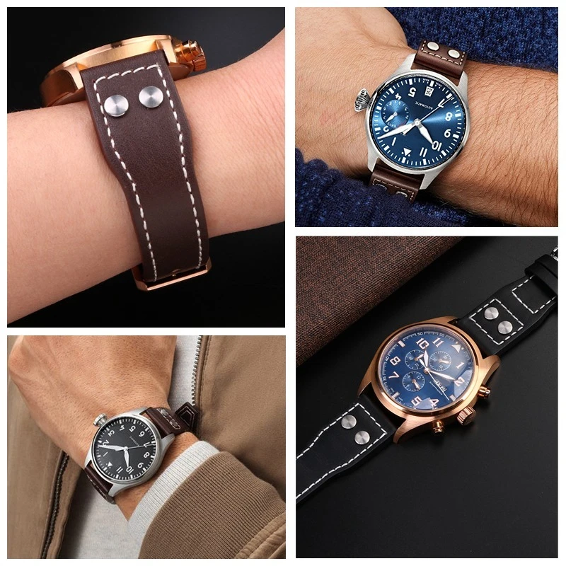 dla IWC Big pilot Spitfire fighter Little Prince Mark 18 pierwsza warstwa skóry bydlęcej z gwoździami męska bransoletka na rękę 21 22mm