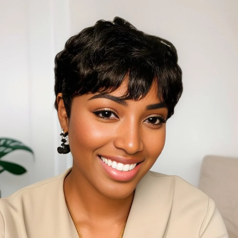 짧은 픽시컷 가발 천연 블랙 인모 픽시컷 곱슬머리 전체 기계식 가발