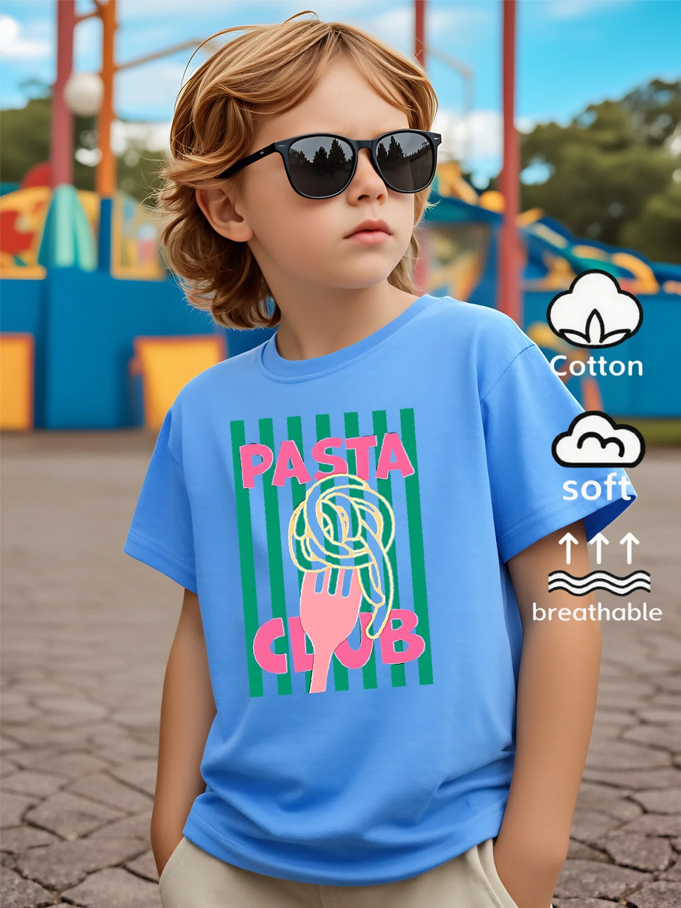 Children's T-shirt with Fork and Spaghetti Pattern, Fun Summer Design, Fun Printed Parent-child Outfit, Daily Wear