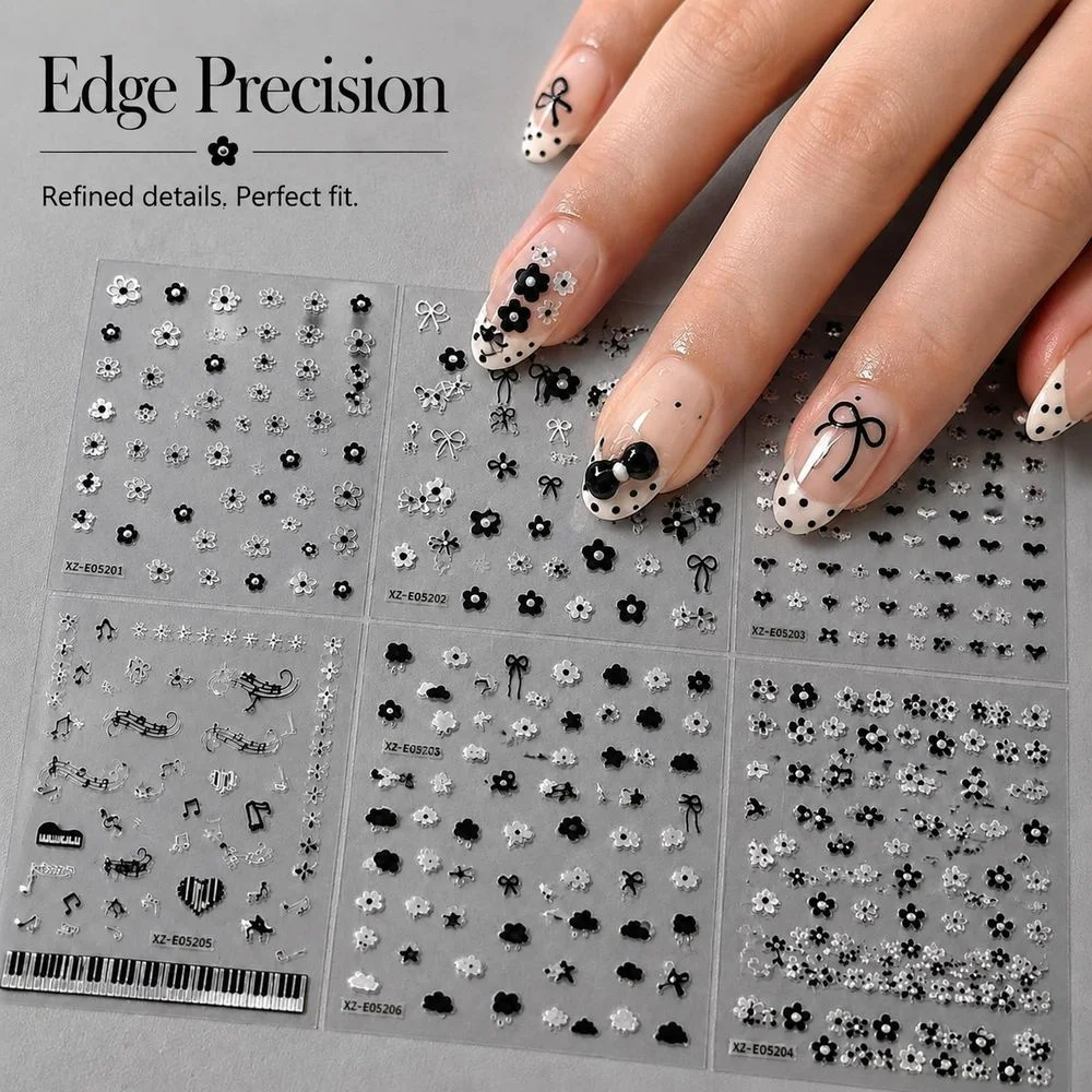 6Pcs Hot Stamping Black Silver Nail Decals Hollow Floral Bow Piano Keyboard Musical Note Stickers For Nail Art DIY Decoration