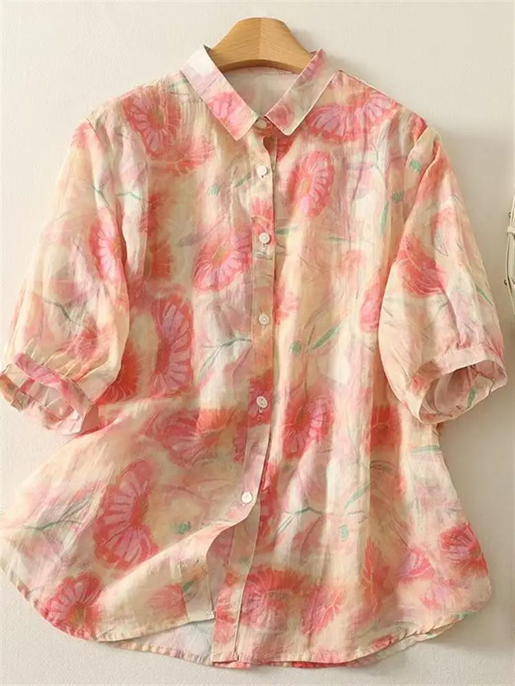 Retro Print Cotton Linen ort Sve irt Women's Loose Fit Summer Slimming Large Size Casual Busin Office Wear