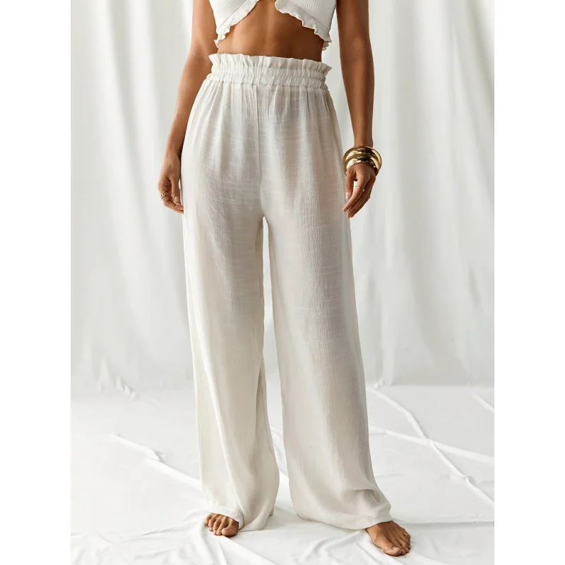 

Women's Beach Casual Bohemian Vacation Elastic Waist Ruffle Trim Comfortable Long Loose Wide-Leg Pants and Flowing Cover-Up