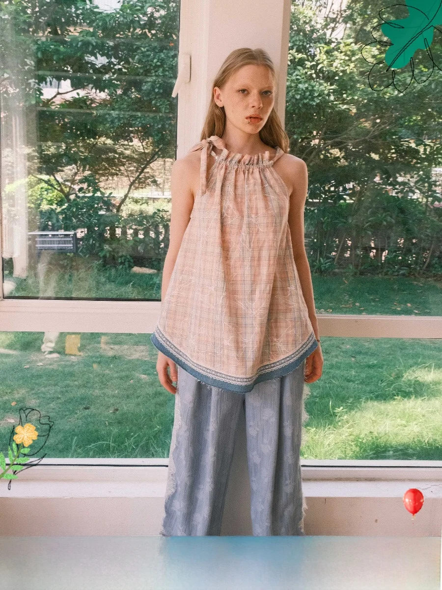 

Розовый клетчатый топ без бретелек с поясом, женский жилет на бретельках, оригинальный дизайн, 100% хлопок, лето 2024