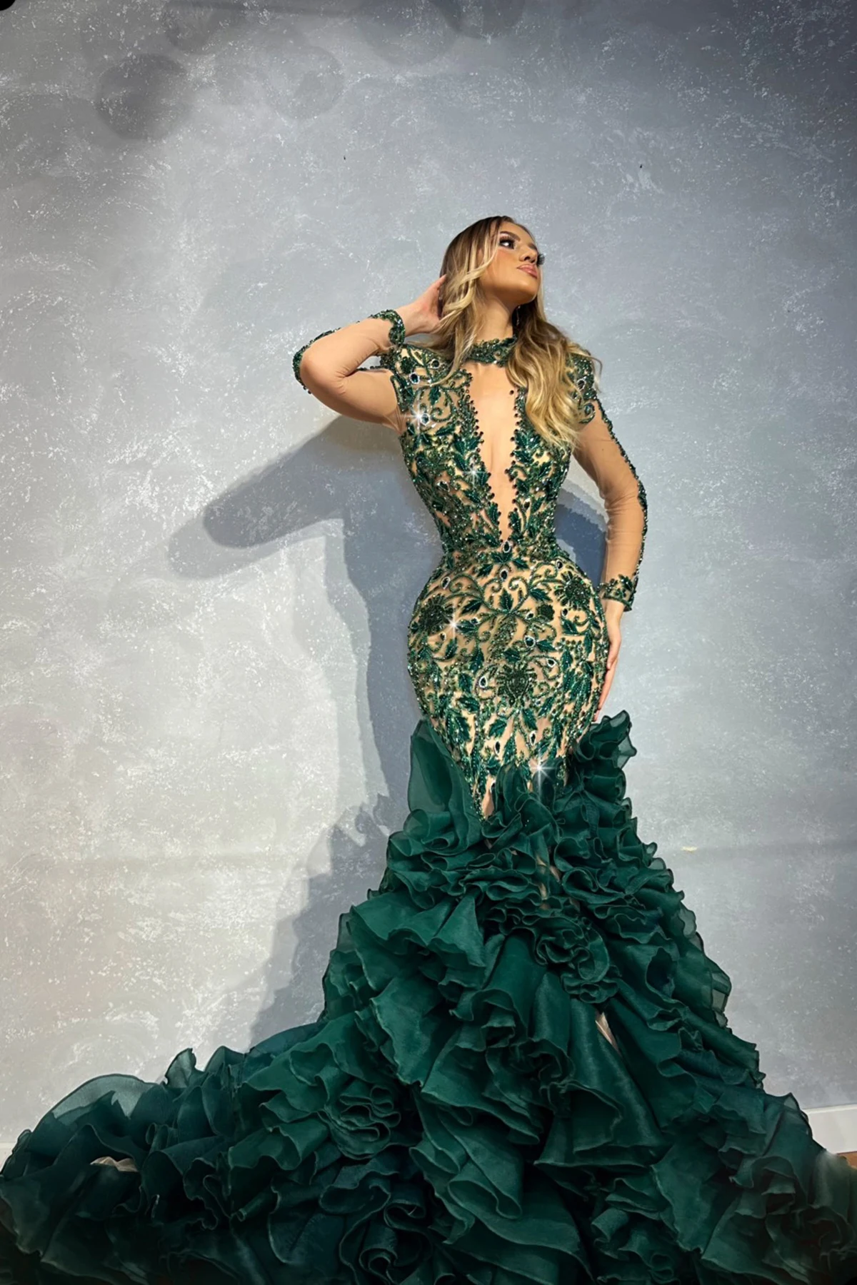 Hunter Green Mermaid Evening Dresses Illusion Rhinestones Crystals Prom Gowns Custom Made Tiered Ruffles Party Dresses