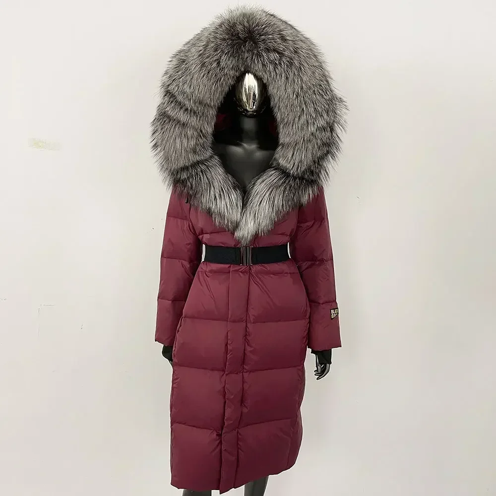 Piumino da donna invernale collo in vera pelliccia di volpe giacca di pelliccia con cappuccio cappello autunnale spesso staccabile x-lungo piumino d'anatra bianco overwears