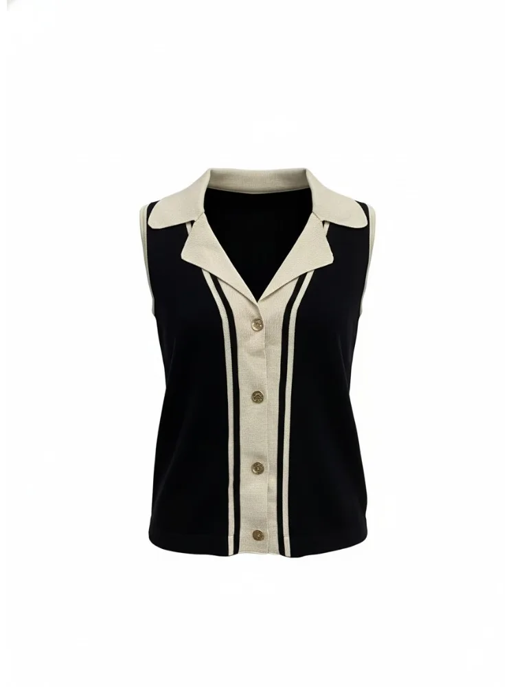 Freeacy Women's Contrast Color Kintted Shirt Notched Collar Sleeveless Buttoned Slim Fit T-shirt Summer Elegant Tops for Women