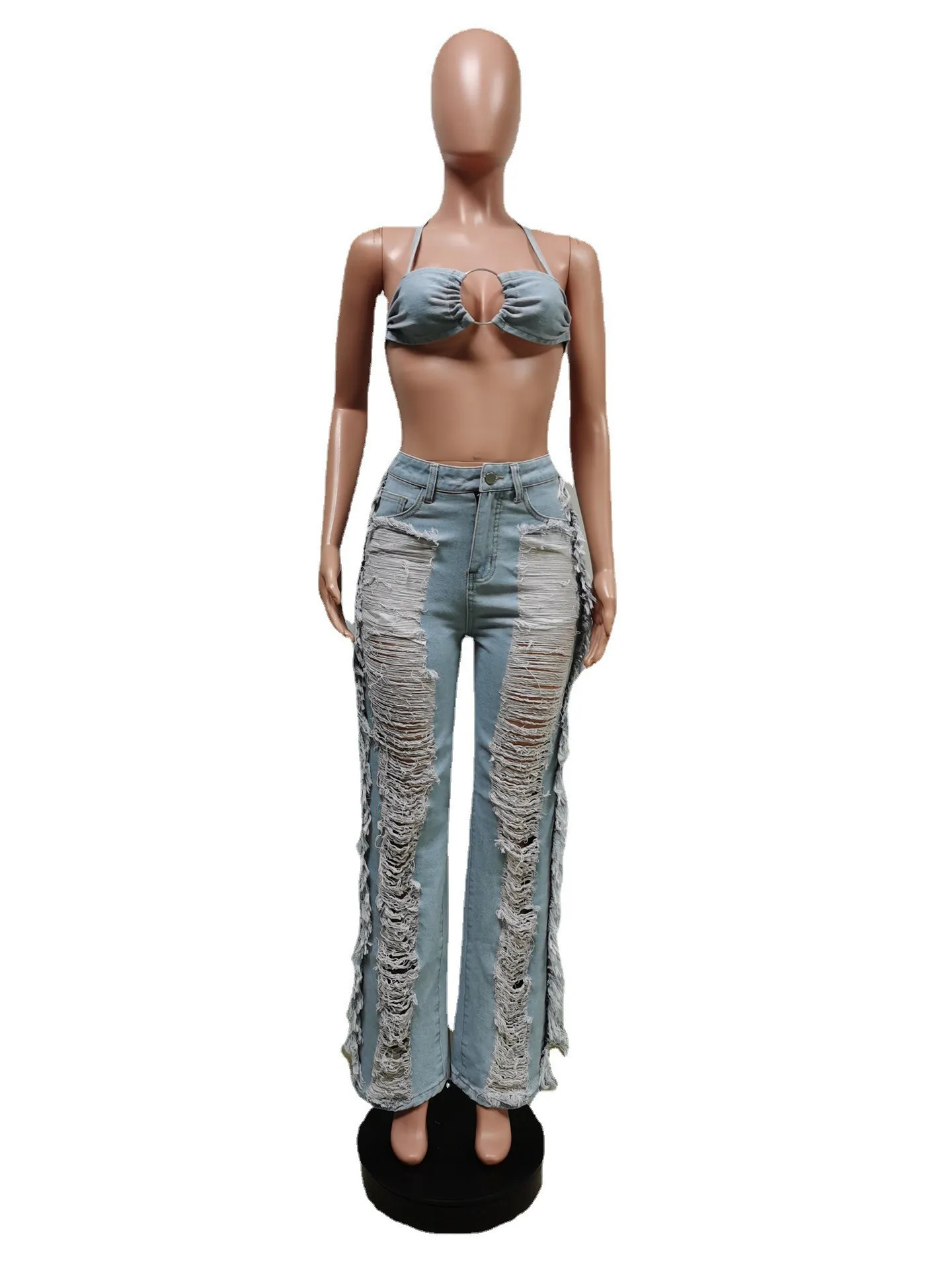 Sexy Loch Quaste Denim 2 Stück Set Frauen 2023 Neue Casual Lace Up Crop Top + Breite Bein Hosen Club outfits Streetwear Y2K Kleidung