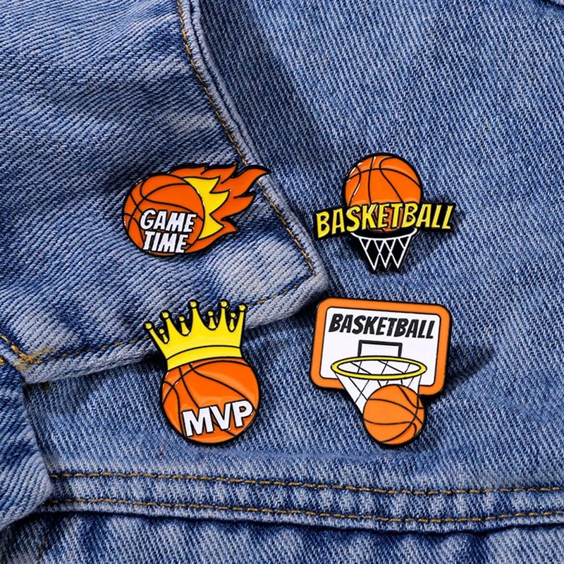 

Creative Basketball Enamel Brooch Flame Game Time Mvp Crown Basketball Sport Metal Badge Punk Clothing Lapel Pins Jewelry Gift