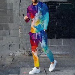 Fashion Colorful Collision 3D Print Men's Sportswear Set Long-Sleeved T Shirt Pants 2-Piece Set Oversized Pullover Men Clothing