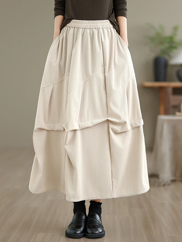 

Spring A-Line Corduroy Skirt Women's Clothing Commute Sle Pleated Design Cotton Fabric Casual Scene f-length Skirt