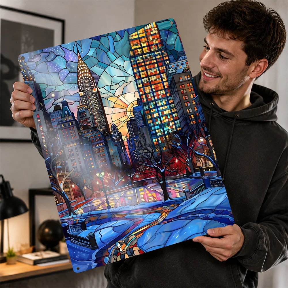 New York Winter Skyline Aluminum Poster Stained Glass Wall Art For Living Room Customized Metal Sign Architecture Lover Gift