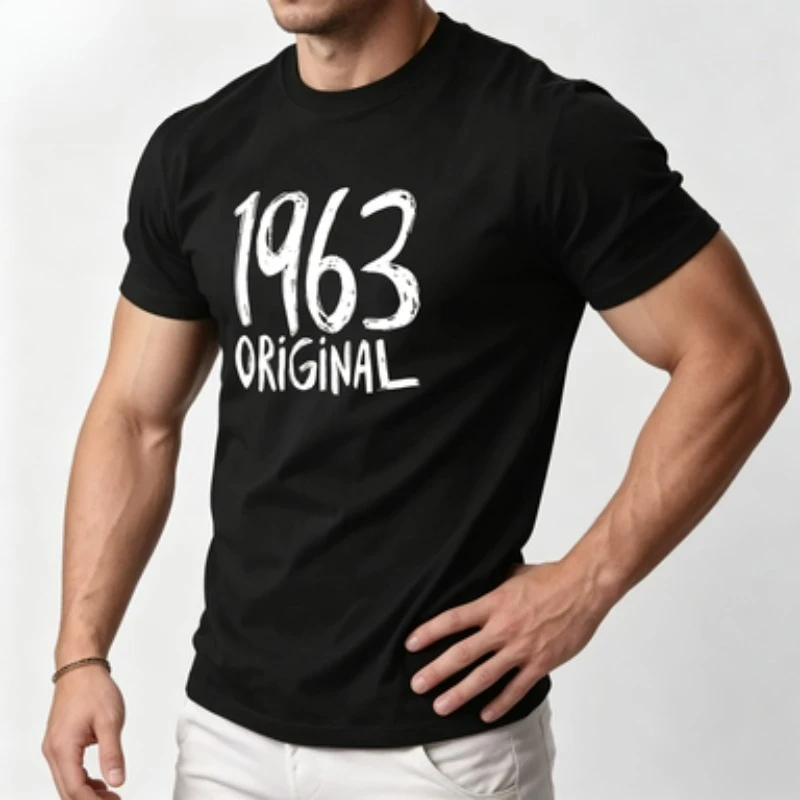 Men 100% Cotton Vintage Birthday T Shirt 1963 Original Rough Hand Lettering Graphic Print O Neck Short Sleeve Casual Male Tees