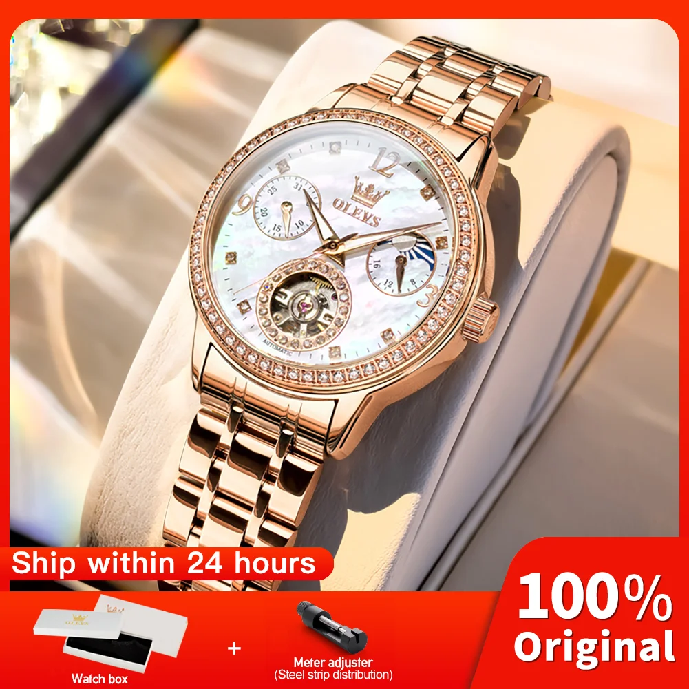 OLEVS 6750 Elegance Women Automatic Mechanical Movement Watch Diamond  Bezel Exquisite Dial Night Light Function Watch For Women