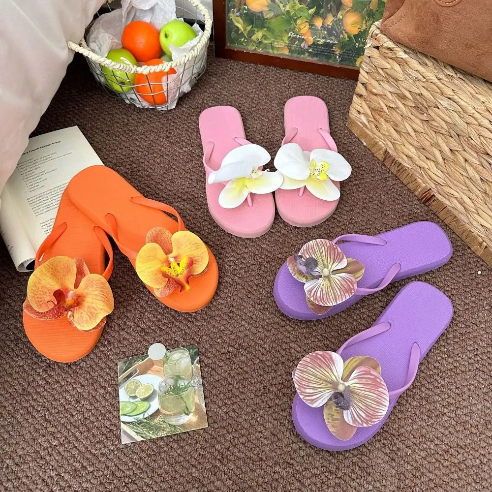 

Cute Summer Butterfly Orchid Slipper Vacation Beach Phalaenopsis Slipper Sweet Multi-Color Flower Flip Flops Ladies/Girls