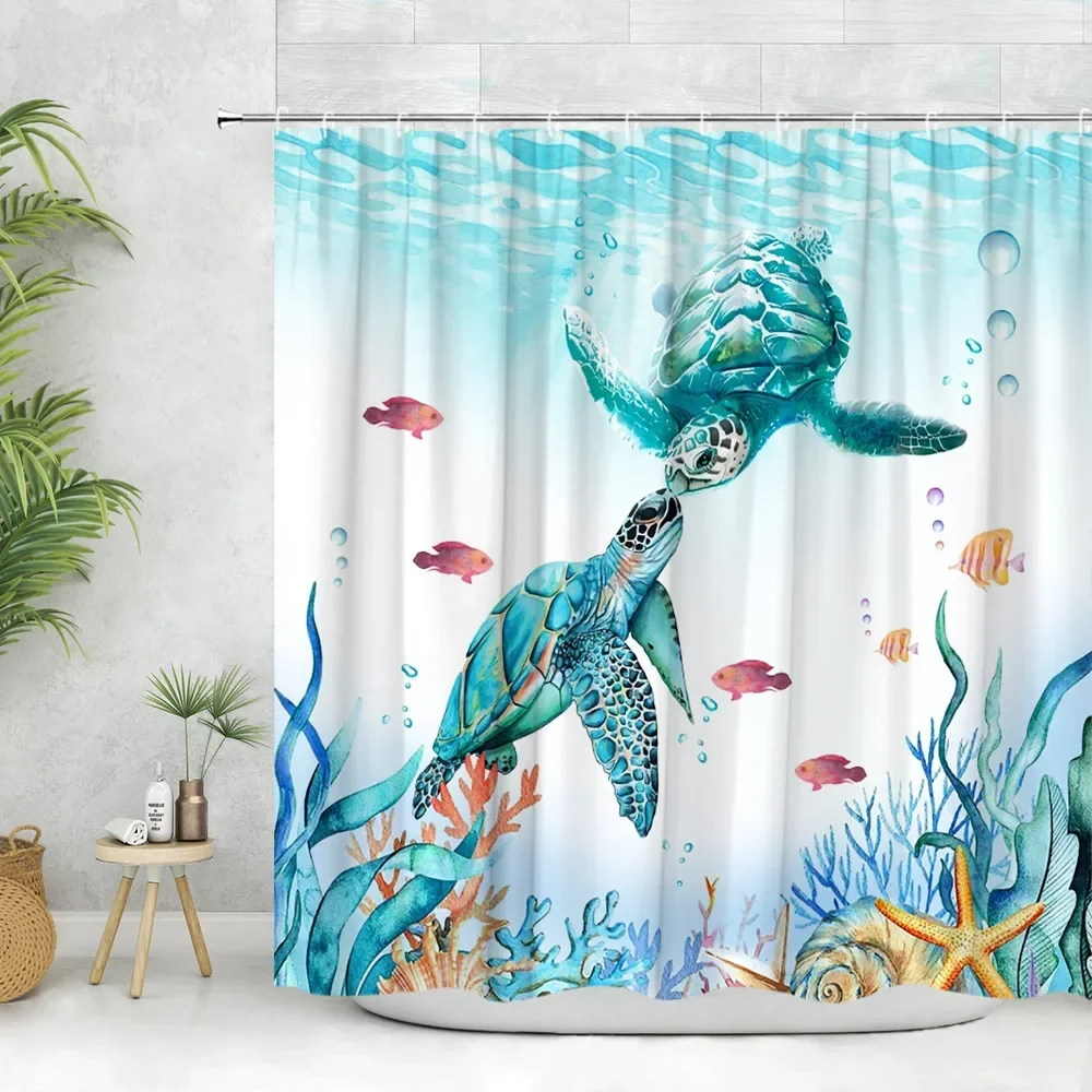 

Ocean Animal Shower Curtain, Underwater Turtle Seahorse Octopus Coral Love Fish Blue Kids Modern Bathroom Decorative Curtain Set