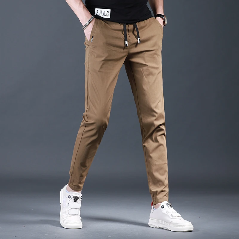 Men\'s Slim Fit Elastic Waist Black Pencil Pants Summer Fashion Casual Sport Drawstring Jogging Trousers