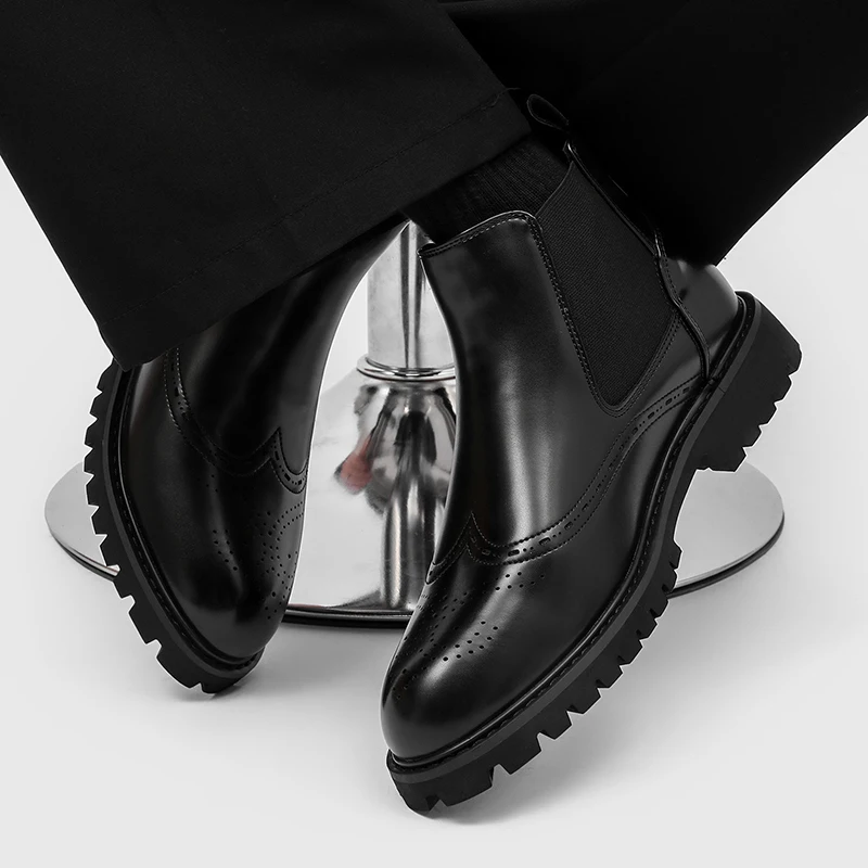 Men Brogue Chelsea Boots Elastic Side Slip‑On Ankle Boots Thick Lug Sole Formal Business Dress Short Boots For Men