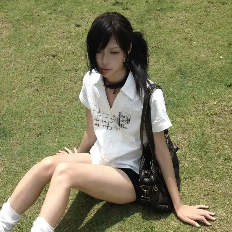 

Karrram Y2k Aesthetics Pleated Shirt Grunge Gothic Skull Print White Shirts Trashy 2000S Style V-Neck Blouses Japanese Haruku