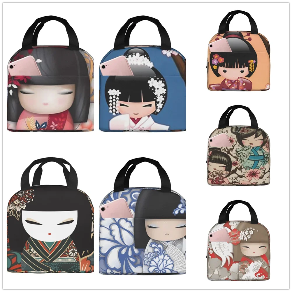 Red Sakura Kokeshi Doll Lunch bag thickened insulated bento bag is suitable for office students men and women food insulated bag