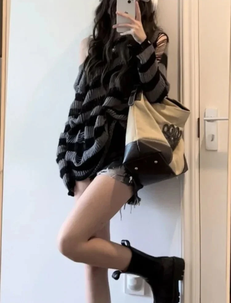 Gothic Sexy Aushöhlen Pullover Frauen Gestreiften Lose Langarm Punk Gestrickte Jumper Streetwear Harajuku Hip Hop Tops