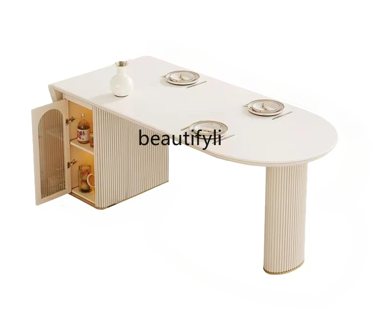 

Cream Wind Retractable Dining Tables and Chairs Set Modern Small Apartment Living Room Home Stone Plate Folding Dining Table