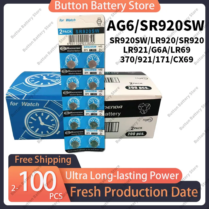 

Щелочная батарейка AG6 371 1,55 В SR920SW/LR920/SR927 для часов, игрушек, калькулятора, брелка - долговечность, 2-100 шт.