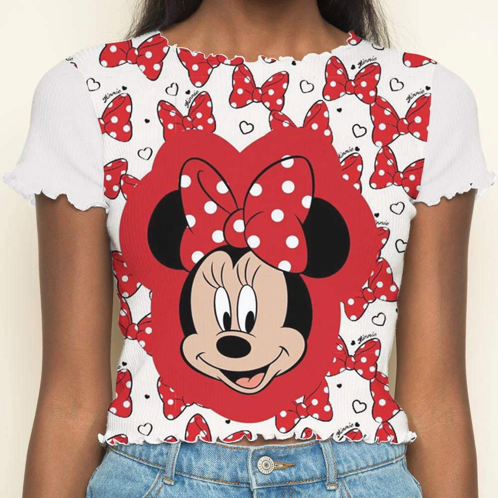 Short Sleeve Minnie Mouse Lettuce Trim Crop Tops Sexys T-shirt Summer Clothes Women 2024 T-shirts Y2k Disney Woman Clothing Top