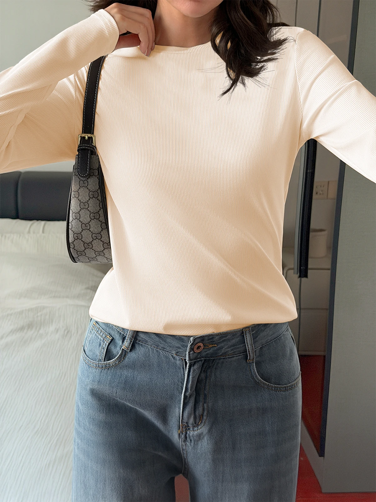 

Women's Solid Color Ribbed Crew Neck Slim Fit Long Sleeve T-Shirt - Autumn/Winter Medium Stretch Casual Base Layer