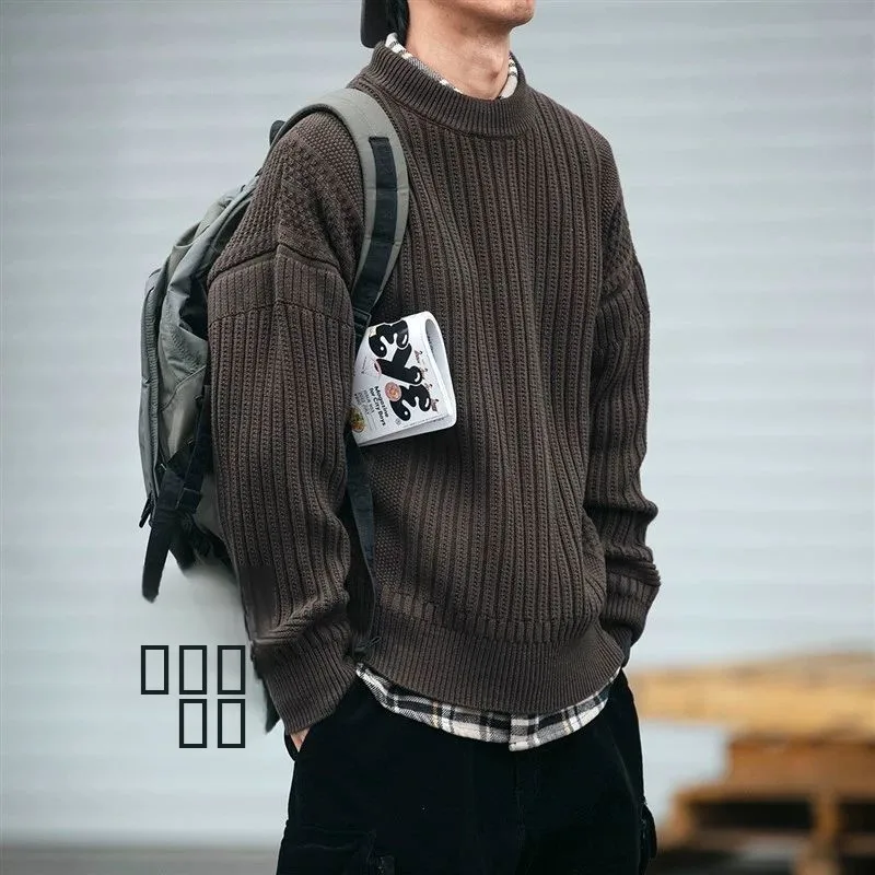 

Тяжелый свитер в стиле ретро, мужской зимний свободный повседневный круглый вязаный верхняя одежда из мягкого полиэфирного волокна, осенняя одежда