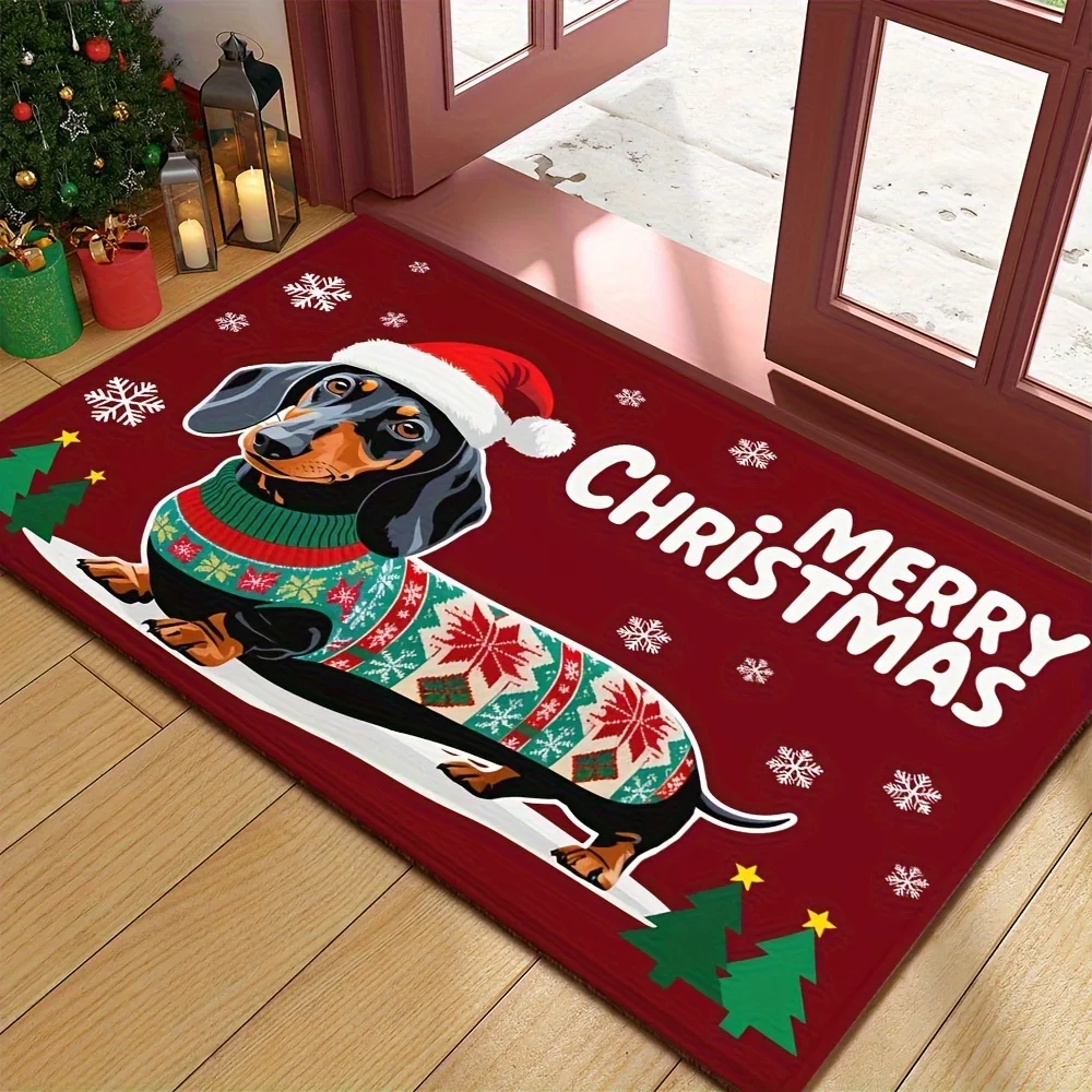 Christmas Dachshund Welcome DoorMat, Non-slip Floor Mat, Suitable for Living Room, Bedroom, Bathroom, Holiday Home Decoration