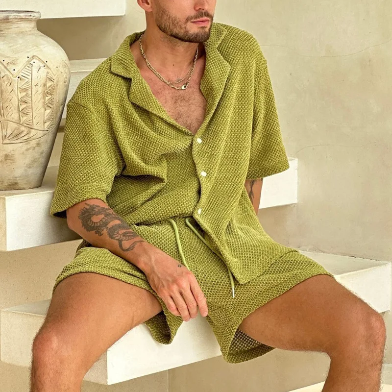 Summer Solid Breathable Knitted Set Men Casual Button Lapel Shirt Top and Drawstring Shorts Suit Spring Loose Men\'s Home Outfits