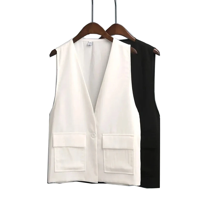 

Fashion Ladies Summer Vest V-Neck Chiffon White Black Vest Coat New Sleeveless Short Jacket Tops Female Waistcoat All Match 2022